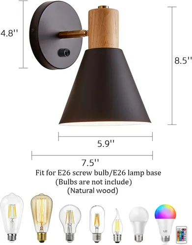 Miniatura 2 de ClanKin Apliques de pared con interruptor de perilla, lámpara de pared ajustable negra para dormitorio industrial, iluminación de fregadero de baño
