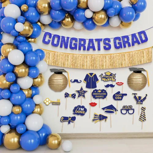 Decoraciones de graduación 2026 | Juego de arco de globos de graduación azules y dorados – Paquete enorme de 70 | Cartel de felicitación de