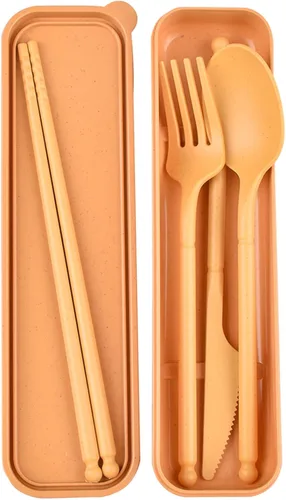 Juego de utensilios para acampar, juego de utensilios reutilizables con estuche, juego de cubiertos de plástico tenedores cuchara vajilla palillos,