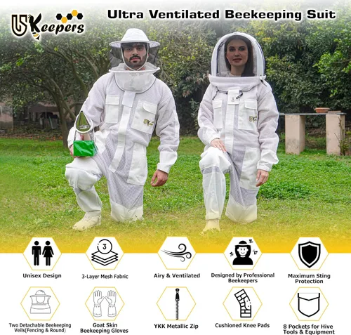 Miniatura 3 de Traje de abeja ultra ventilado de 3 capas para hombres y mujeres, traje de apicultura prémium con guantes de abeja y dos velos de apicultura Blanco