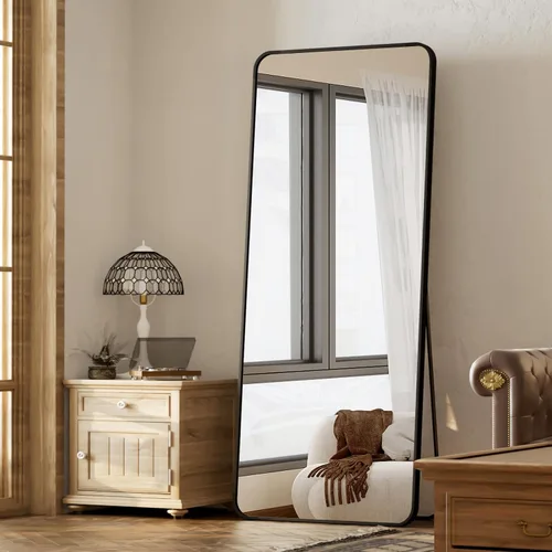 Miniatura 14 de BEAUTYPEAK - Espejo de cuerpo entero negro, espejo de piso de 56 x 21 pulgadas con esquinas redondeadas, espejo para colgar, apoyar contra la pared
