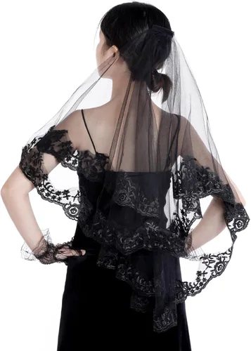 Miniatura 7 de choyaxo Velo de novia de encaje negro, velo de novia de encaje floral, velo de Halloween con peine y guantes cortos de encaje negro para mujeres