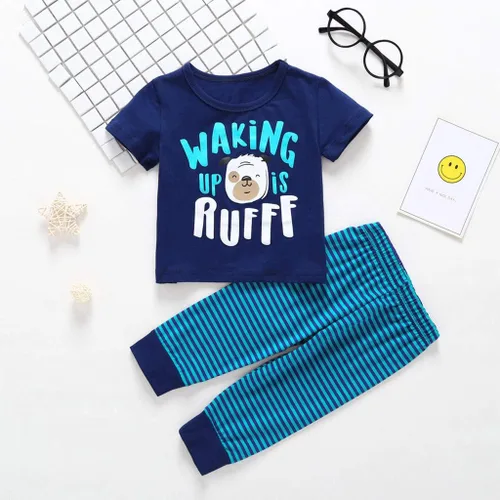 Miniatura 2 de Conjunto de ropa de bebé para niños, 2 piezas, para niños recién nacidos, dibujos animados, perro de manga corta, camiseta Tops+pantalones a rayas
