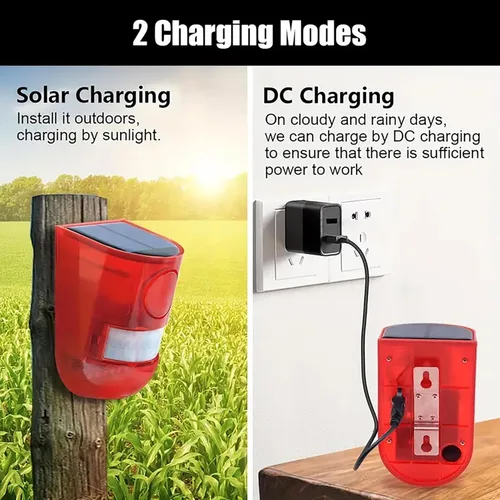 Miniatura 4 de Alarma solar de sonido y luz, sensor de movimiento, 110 decibeles, alarma de sonido de sirena y 6 LEDs de advertencia de flash, sistema de alarma