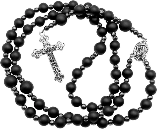 Miniatura 7 de Nazareth Store Rosario de cuentas de ágata negra, rosario de hombres católicos con cuentas naturales mate con piedras de hematita, medalla de suelo