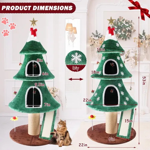 Miniatura 4 de Árbol de Navidad para gatos de 53 pulgadas, torre para gatos con 2 condominios y postes rascadores de sisal para interiores, diseño de árbol