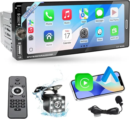 Radio estéreo de coche de 6.9 pulgadas con pantalla táctil de un solo DIN, radio inalámbrica Apple Carplay y Android Auto, enlace de espejo, FM, EQ,
