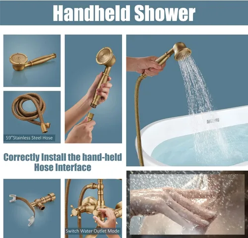 Miniatura 4 de Aolemi Grifo de Bañera de Montaje en Pared con Rociador de Mano Grifo de Bañera y Ducha de Latón Antiguo Grifo de Ducha Vintage de Doble Mango