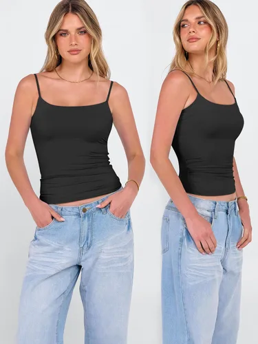 Miniatura 3 de ANRABESS Camisetas sin mangas para mujer con cuello cuadrado, tirantes delgados ajustables, camisetas de doble forro, camisetas básicas de verano