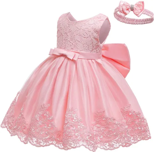 Miniatura 3 de LZH - Vestido para niñas bebé con volante, encaje, espalda descubierta y lazo - Incluye accesorio para la cabeza - Vestido con flores para desfile