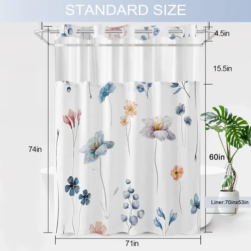Miniatura 7 de Juego de cortina de ducha sin gancho y forro, cortinas de ducha florales azules de acuarela para baño, juegos de cortinas de baño de hotel moderno