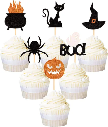 Ercadio Paquete de 36 adornos para cupcakes de Halloween, sombrero de bruja, araña, calabaza, fantasma, gato, cupcakes, baby shower, cumpleaños,