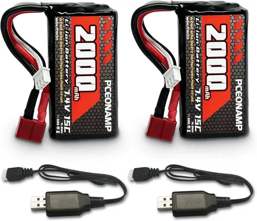Batería de iones de litio de 7.4V 2000mAh 2S con enchufe T, batería recargable RC compatible con autos RC 4WD de alta velocidad y la mayoría de
