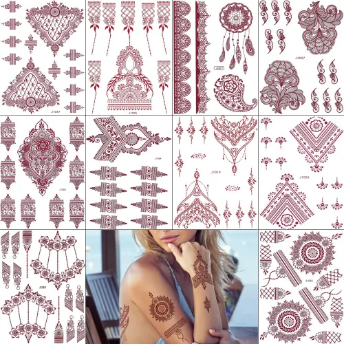 Miniatura 13 de 10 hojas de calcomanías temporales de henna de henna 5P negro + 5P marrón, calcomanías de tatuaje para mujeres, calcomanías de arte corporal para 5