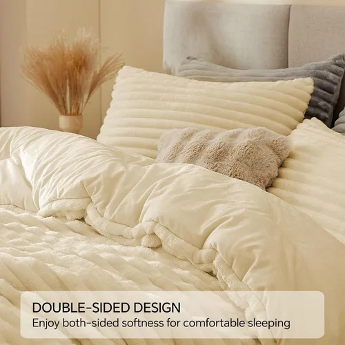Miniatura 4 de BEDELITE - Juego de edredón de forro polar tamaño individual: ropa de cama supersuave y cálida en color beige, juego de cama de lujo esponjoso