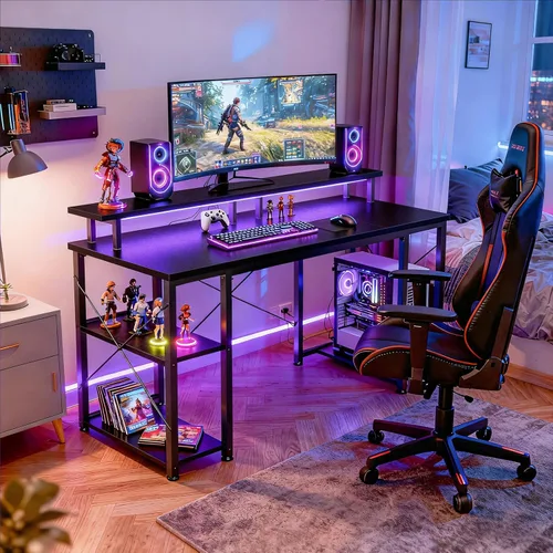 Miniatura 2 de ODK Escritorio gamer de 48 pulgadas con luces LED y enchufes, escritorio para computadora con soporte para monitor y estantes de almacenamiento