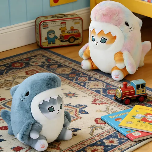 Miniatura 2 de Lindo juguete de peluche de gato de tiburón de 8 pulgadas, peluche de gato de camarón frito, almohada de peluche suave de gatito de tiburón, regalos
