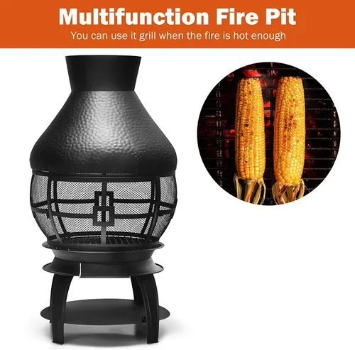 Miniatura 5 de SAFSTAR Chiminea de hierro fundido para exteriores, chimenea de madera con póquer de fuego, cubierta de malla ignífuga de 360°, hoguera de leña