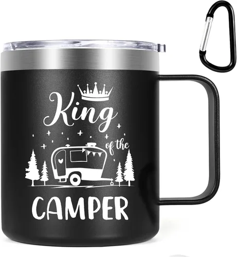 Lifecapido Regalos de campamento para hombres, taza de café aislada King Of The Camper de 12 onzas, regalo de cumpleaños, regalo de Navidad, regalos
