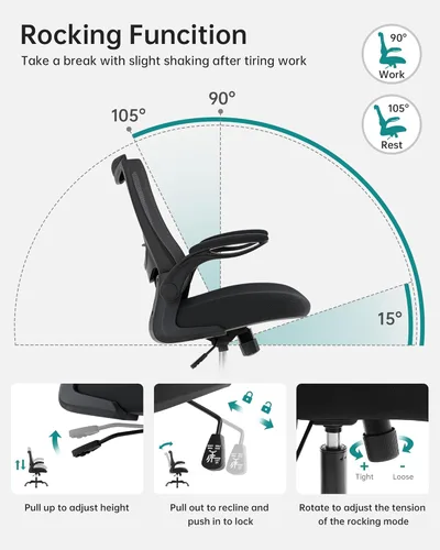 Miniatura 6 de MUXX.STIL Silla de oficina, silla de escritorio ergonómica con soporte lumbar ajustable y reposabrazos abatibles, silla de computadora de malla Negro