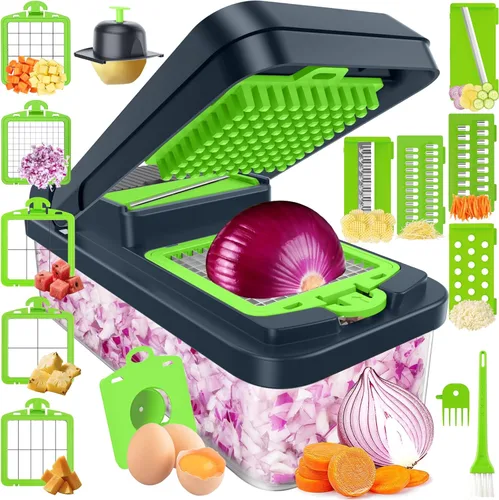 Miniatura 8 de SpaceHacks Picador de verduras 12 en 1, utensilios de cocina con 7 cuchillas, para verduras, alimentos, picador de cebolla, cortador de pepino, Verde