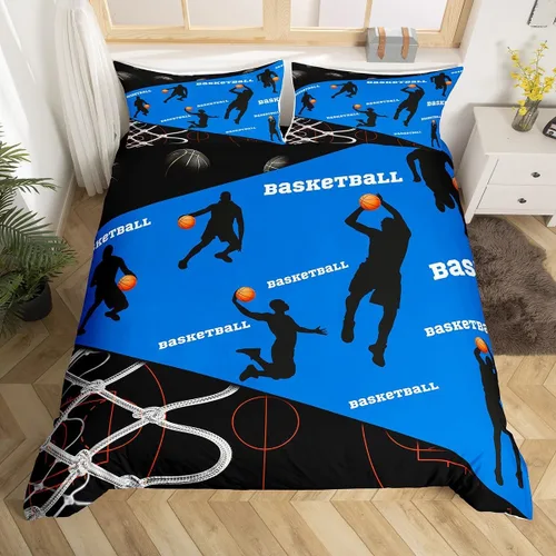 Miniatura 3 de Erosebridal Juego de funda de edredón deportiva tamaño individual, temática de baloncesto, azul y negro, 2 piezas