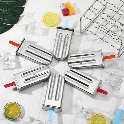 Miniatura 7 de Jingmore Moldes de acero inoxidable, 6 moldes de metal de cabeza redonda con soporte y palos reutilizables, para hacer helados de metal para yogur