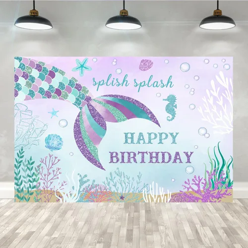 Lofaris Telón de fondo de sirena de 5 x 3 pies con temática de cola de pez para niños y niñas bajo el mar Splish Splash Oneder The Sea 1st Bday