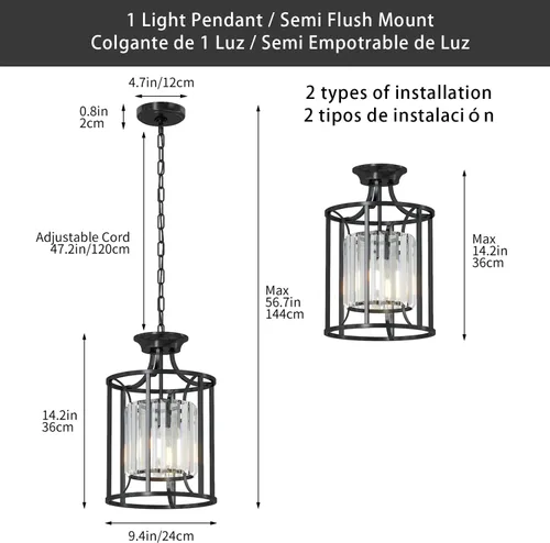 Miniatura 2 de Baunoisk Lámpara colgante de metal negro y cristal, isla de cocina, comedor, dormitorio, 9.4 x 56.7 pulgadas, 500 lúmenes, LED de 60 W, control