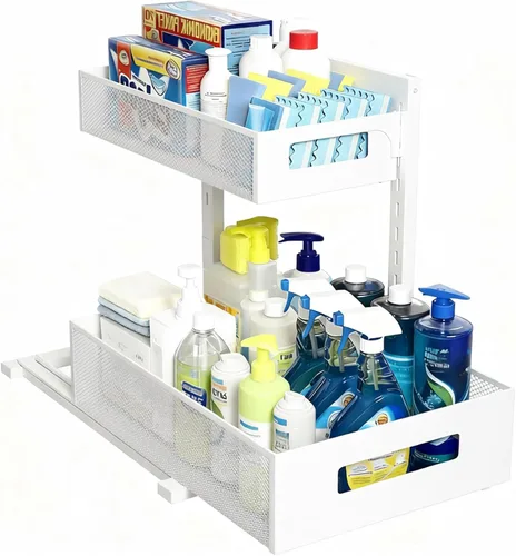 Miniatura 8 de Organizador para debajo del fregadero, estante de almacenamiento extraíble de 2 niveles, organizador de metal resistente al óxido para cocina, baño
