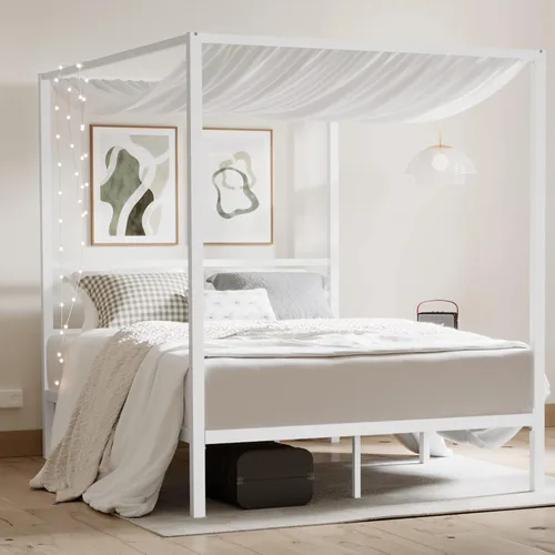 ikalido Marco de Cama con Dosel de Metal Tamaño Completo, Marco de Cama de Plataforma Moderno de Cuatro Postes, Base de Colchón con Soporte de Blanco