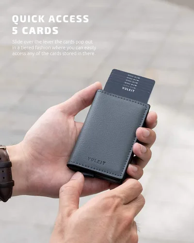 Miniatura 2 de VULKIT Tarjetero RFID Bloqueo de Cuero Automático Pop Up Cartera Aluminio Slim Pocket Tarjeta de Visita