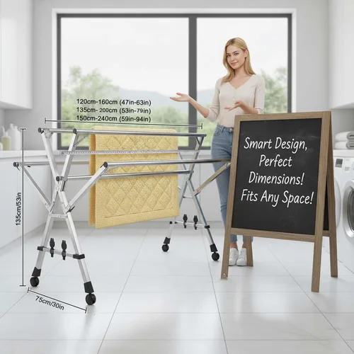 Miniatura 7 de This Foldable Stainless Steel Clothes Rack, Telescopic Laundry Drying Hanger, Expandable Folding Garment Rack for Indoor Outdoor, Space-Saving Heavy