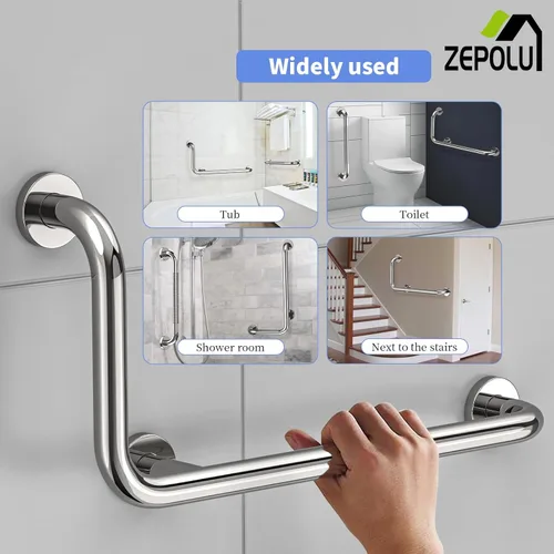 Miniatura 4 de Barra de sujeción en forma de L de cromo pulido de 12x24 pulgadas + pasamanos de ducha estriado de 20 pulgadas, barra de seguridad para inodoro