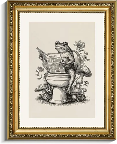 VIYYIEA Lienzo enmarcado para pared, ilustración de rana vintage de 11 x 14 pulgadas, arte de pared de baño de animales divertidos y extravagantes