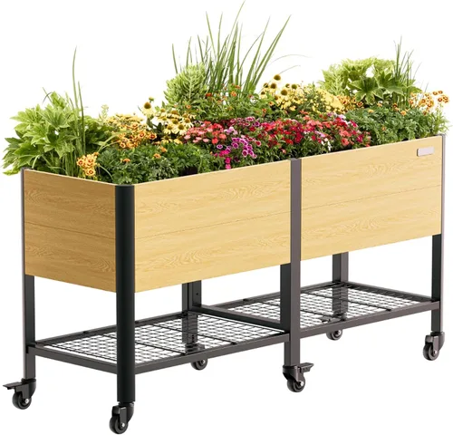 Miniatura 12 de Cama de jardín elevada con ruedas, macetas elevadas de grano de madera de metal de 2 x 4 pies con patas y estante de almacenamiento para patio
