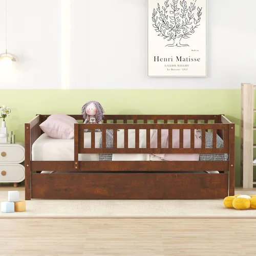 Miniatura 3 de Harper & Bright Designs Cama diván Full con cama nido, marco de cama nido de madera Full con barandas de seguridad, cama Full Montessori para Nuez