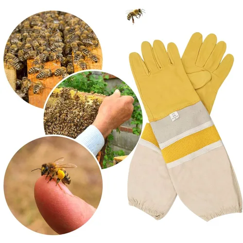 Miniatura 7 de DZXZY Guantes profesionales de apicultura de piel de cabra de primera calidad, suministros de apicultura con lona larga, mangas ventiladas y puños