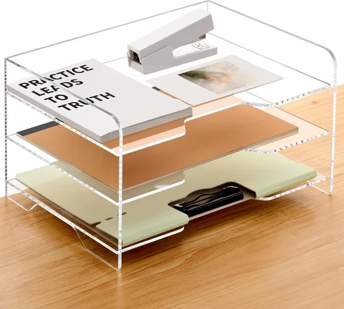 Miniatura 13 de Paquete de 2 bandejas apilables de papel para cartas, organizador de escritorio de archivos A4 ampliado, organizador de escritorio de acrílico