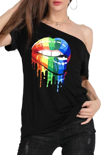 Miniatura 4 de MAGICMK - Camiseta casual para mujer, con estampado de labios y hombro descubierto, talla extragrande
