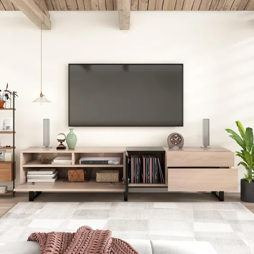 Virubi Soporte de TV moderno con 3 gabinetes y estantes abiertos, centro de entretenimiento minimalista de madera para televisores de hasta 80 Negro