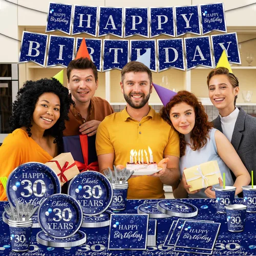 Miniatura 6 de GREHUMOR Juego de 142 piezas de cubiertos y mantel para decoración de cumpleaños número 30, plateado y azul, suministros de fiesta de cumpleaños