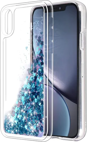 Miniatura 9 de Funda protectora para iPhone XR, diseño de doble capa, líquido flotante flotante con purpurina colorida en cascada de TPU, color azul