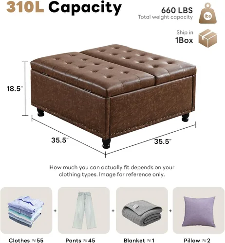 Miniatura 2 de Tbfit Banco otomano de almacenamiento cuadrado grande, mesa de centro otomana tapizada con tapa de elevación y patas de madera maciza, caja de Marrón