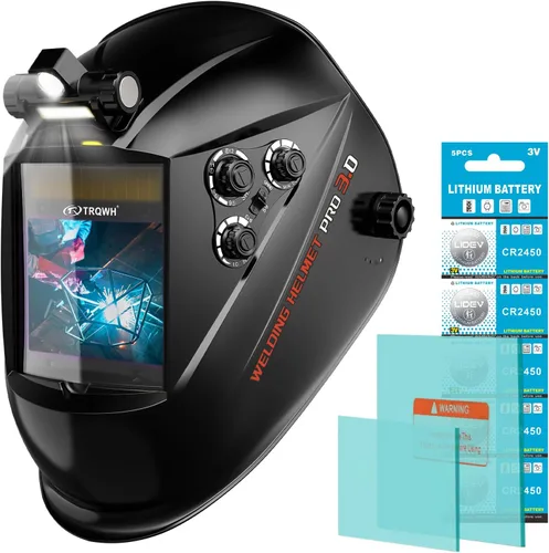TRQWH Casco de soldadura con vista grande 3.94" x 3.15" con oscurecimiento automático, capucha de soldadura con luz LED, energía solar, color real,