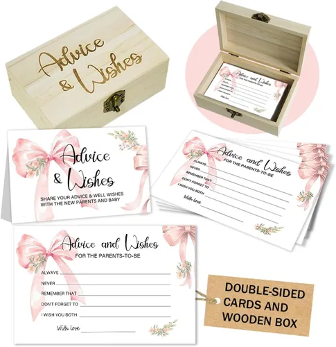 50 tarjetas de consejos de baby shower con lazo rosa para juegos de baby shower, consejos de lazo y tarjetas de deseos para padres nuevos,