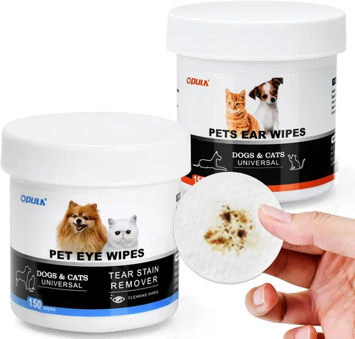 OPULA Toallitas para ojos y oídos para mascotas, 150 unidades de toallitas para ojos de mascotas + 150 toallitas para orejas de mascotas. Toallitas