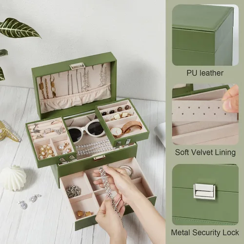 Miniatura 4 de Joyero de 3 capas grande de cuero organizador de joyas para mujeres y niñas, elegante y bien organizado para aretes, anillos, collares, pulseras