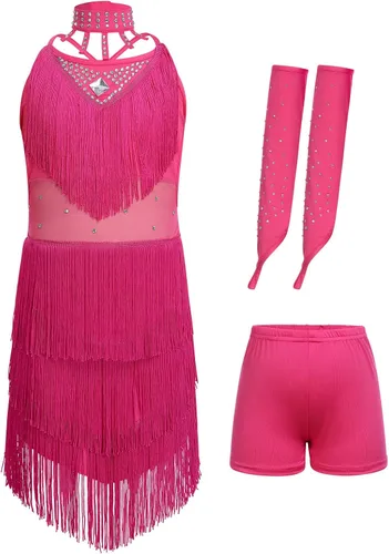 Miniatura 5 de AFAVOM Vestido de baile latino con borlas de lentejuelas para niñas, vestidos de patinaje artístico, ropa de baile con guantes, gargantilla