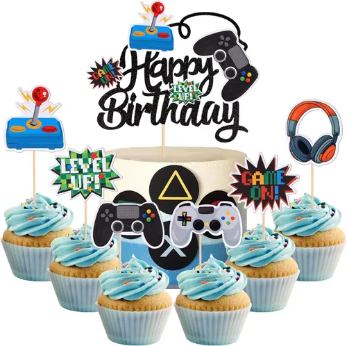25 piezas de adornos para cupcakes de videojuegos, adornos para cupcakes de feliz cumpleaños, controladores de juego, adornos para cupcakes con